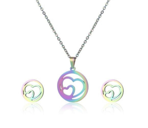 Set necklace and earrings color holographic TWO HEARTS IN A CIRCLE