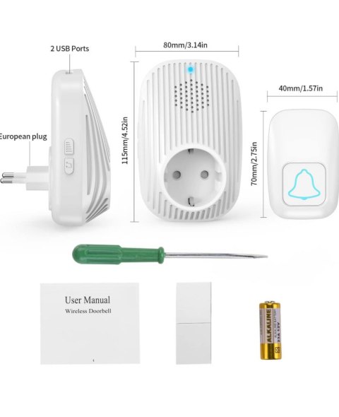 Bezprzewodowy dzwonek do drzwi, wodoszczelny, z 2 odbiornikami, 1 nadajnikiem, zasięg 400 m, z 2 portami USB i gniazdem UE Bezprzewodowy dzwonek do drzwi, wodoszczelny, z 2 odbiornikami, 1 nadajnikiem, zasięg 400 m, z 2 portami USB i gniazdem UE