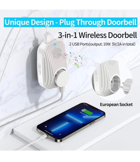 Bezprzewodowy dzwonek do drzwi, wodoszczelny, z 2 odbiornikami, 1 nadajnikiem, zasięg 400 m, z 2 portami USB i gniazdem UE Bezprzewodowy dzwonek do drzwi, wodoszczelny, z 2 odbiornikami, 1 nadajnikiem, zasięg 400 m, z 2 portami USB i gniazdem UE