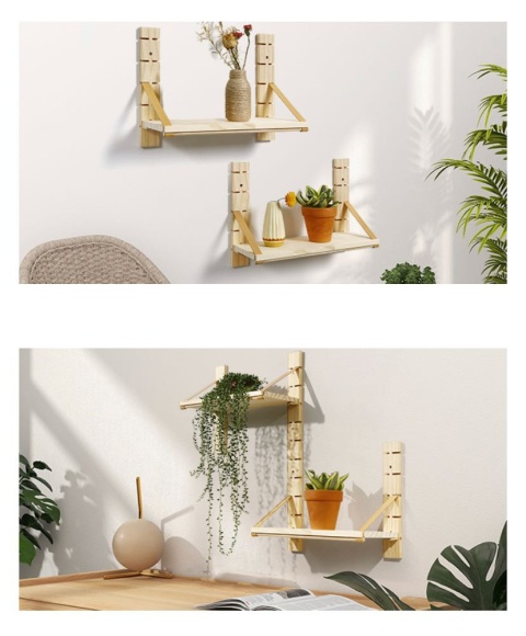 Gronda Regulowane drewniane półki 3 poziomy, półki ze skórzanym paskiem w kolorze naturalnym- regał