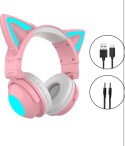 Jiakalamo Zestaw słuchawkowy dla graczy z kocimi uszami z diodami LED, bezprzewodowy zestaw słuchawkowy Bluetooth 5.0