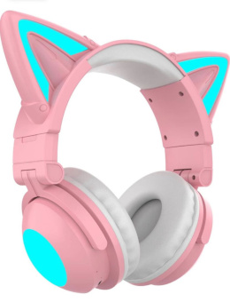 Jiakalamo Zestaw słuchawkowy dla graczy z kocimi uszami z diodami LED, bezprzewodowy zestaw słuchawkowy Bluetooth 5.0