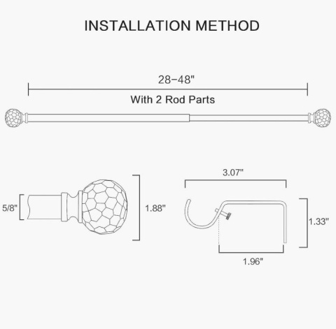 Karnisz wysuwany 71-122 cm czarny karnisz do zasłon z okrągłą końcówką z wzorem diamentowym