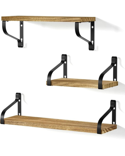 Love-KANKEI Rustic Wooden Shelves, Wall Bookcase Set of 3pcs, Solid Wood & Metal Love-KANKEI Rustic Wooden Shelves, Wall Bookcase Set of 3pcs, Solid Wood & Metal