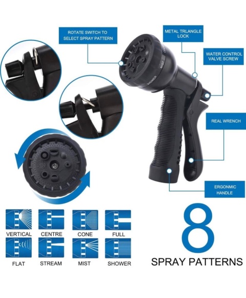 Zestaw Wąż ogrodowy rozciągliwy do 30 m, z 8-funkcyjnym pistoletem do opryskiwacza, mosiężne złączki