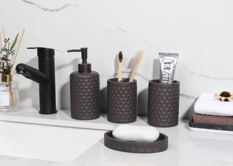 Zestaw akcesoriów łazienkowych, 6 elementów, z koszem na śmieci, uchwytem na szczoteczkę do zębów, kubek do mycia zębów, dozowni