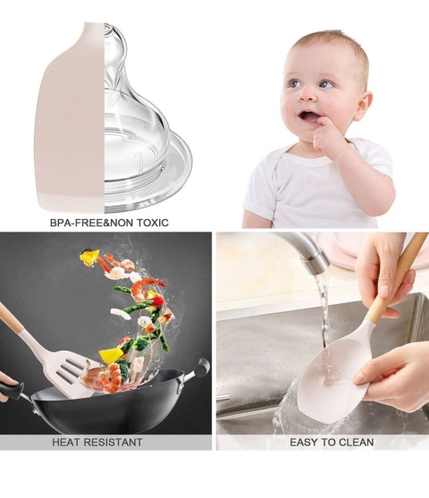 Zestaw silikonowych przyborów kuchennych, 34 szt. drewniana rączka, odporne na wysokie temperatury