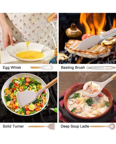 Zestaw silikonowych przyborów kuchennych, 34 szt. drewniana rączka, odporne na wysokie temperatury