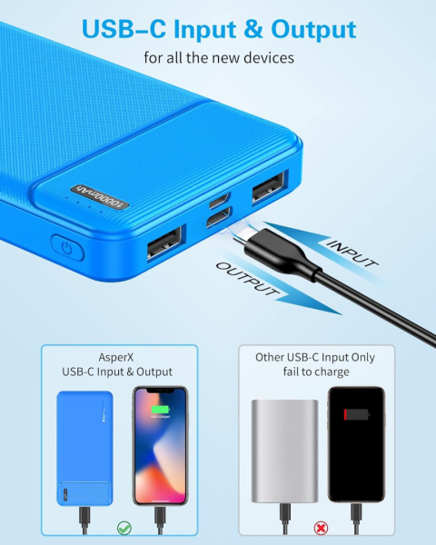 AsperX Power Bank 10 000 mAh 2 sztuki, C + 2 porty USB 2,4 A AsperX Power Bank 10 000 mAh 2 sztuki, C + 2 porty USB 2,4 A