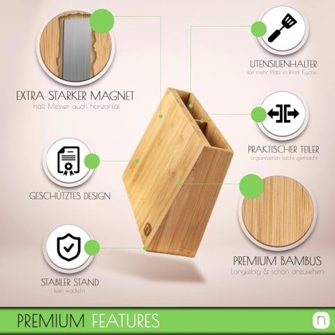 Naturlik Magnetyczny blok na noże+5-częściowy zestaw łyżek kuchennych