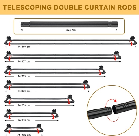 INFLATION podwójne karnisze, matowo-czarne do zasłon 74-132 cm