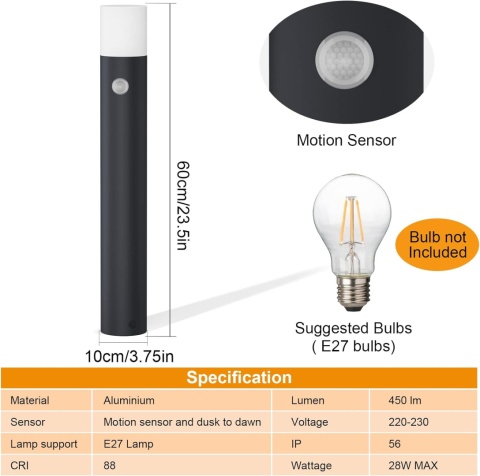 Klighten Lampa ścieżkowa/słupek z czujnikiem ruchu, 60 cm, zewnętrzna