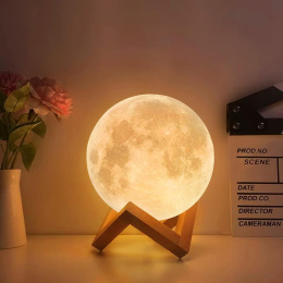 Lampa księżycowa z nadrukiem 3D, 20 cm, RGB na drewnianym stojaku