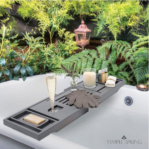 Temple Spring Regulowana taca na wannę z akcesoriami łazienkowymi