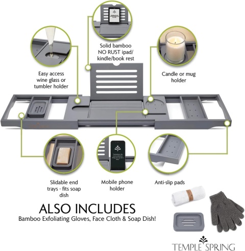 Temple Spring Regulowana taca na wannę z akcesoriami łazienkowymi