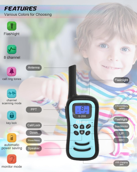 QNIGLO Q268 Walkie Talkie dla dzieci, duży zasięg z latarką LED 2 szt QNIGLO Q268 Walkie Talkie dla dzieci, duży zasięg z latarką LED 2 szt