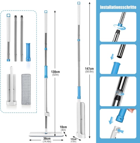 Płaski mop, 132 cm, uchwyt ze stali nierdzewnej z 5 podkładkami