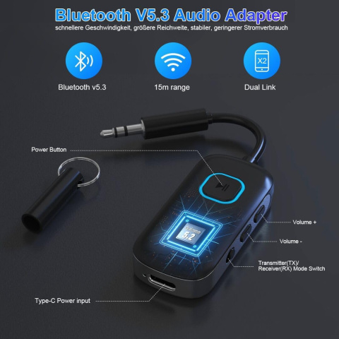 SANOTO Adapter Bluetooth, 2 w 1 AUX Bluetooth 5.3 adapter i odbiornik SANOTO Adapter Bluetooth, 2 w 1 AUX Bluetooth 5.3 adapter i odbiornik