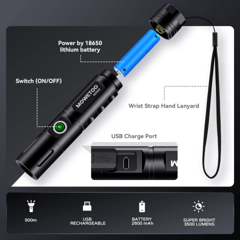 MOWETOO Latarka LED, taktyczna 3500 lumenów bateria lub USB MOWETOO Latarka LED, taktyczna 3500 lumenów bateria lub USB