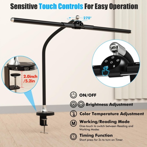 Megainvo Lampa biurkowa LED z podwójną głowicą, ściemniana, 24 W 65 cm