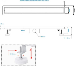 Sunrik 110 cm odpływ podłogowy ze stali nierdzewnej zestaw z syfonem