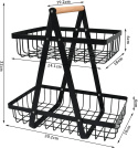 2-poziomowy kosz na owoce, czarny metalowy z drewniana raczka