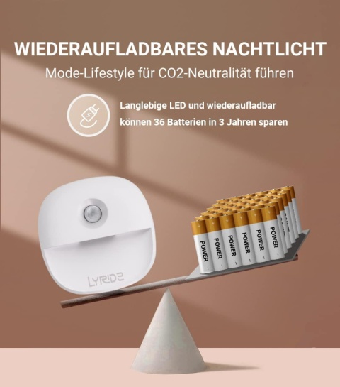 Lyridz lampka nocna LED z czujnikiem ruchu, możliwość ściemniania 3szt