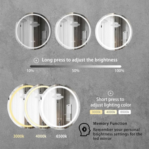 sunrik Lustro łazienkowe LED 60 cm z 3 kolorami, możliwość ściemniania