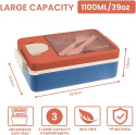 Bugucat Bento Box 1100 ml, z 3 przegródkami i zestawem sztućców,