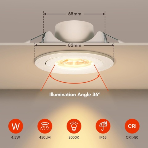 OREiN LED Reflektor sufitowy wpuszczany IP65 Wodoodporny 3000K 6 szt