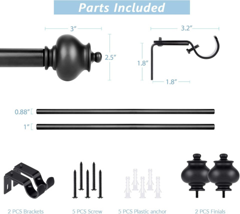 SZXIMU Karnisz wysuwany czarny 91-182 cm, karnisz z okrągłą końcówką