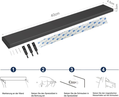 Dmore Listwa magnetyczna na noże z 3 haczykami, 40 cm