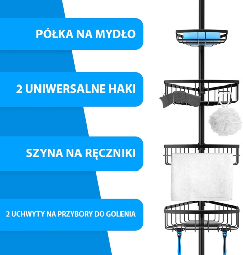 EDELHAND© Czarna teleskopowa półka prysznicowa od 105 do 270 cm EDELHAND© Czarna teleskopowa półka prysznicowa od 105 do 270 cm