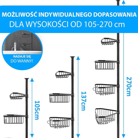 EDELHAND© Czarna teleskopowa półka prysznicowa od 105 do 270 cm