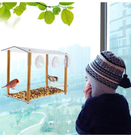 Domek dla ptaków na okno z przyssawką i tacą na nasiona, duży karmnik