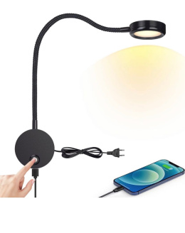 ERWEY Lampka LED Kinkiet z przyciskiem dotykowym, regulowane światło, 360° elastyczna , z portem ładowania USB, czarna