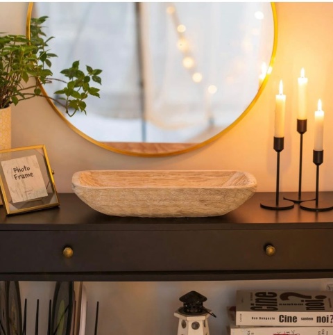 Hanobe Dekoracyjna drewniana Duża 42 cm miska, dekoracje na stół naturalny świecznik taca, ręcznie rzeźbiona