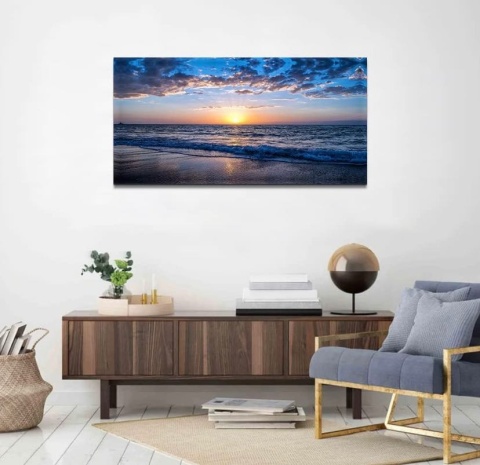 Hyidecorart Zachód słońca na plaży Płótno ścienne, Duże 100x50 cm , nowoczesna grafika Natura Błękitne morze Krajobraz