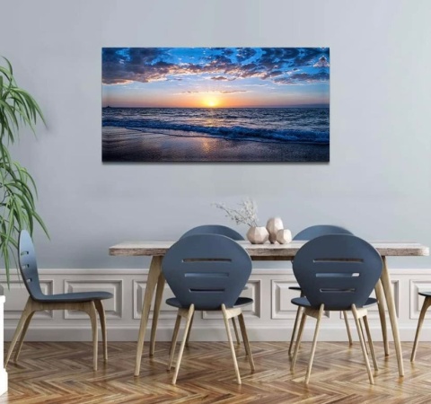 Hyidecorart Zachód słońca na plaży Płótno ścienne, Duże 100x50 cm , nowoczesna grafika Natura Błękitne morze Krajobraz