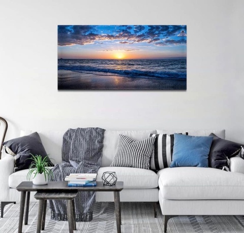 Hyidecorart Zachód słońca na plaży Płótno ścienne, Duże 100x50 cm , nowoczesna grafika Natura Błękitne morze Krajobraz