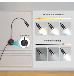 Lampa kinkiet LED ERWEY możliwość ściemniania dotykowego i portem ładowania USB, ruchoma , czarna
