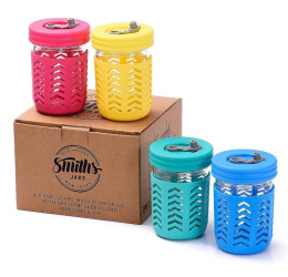 Smiths Mason Jars Zestaw 4 mini słoików odpornych na rozlanie 235 ml silikonowe rękawy i słomki wielokrotnego użytku