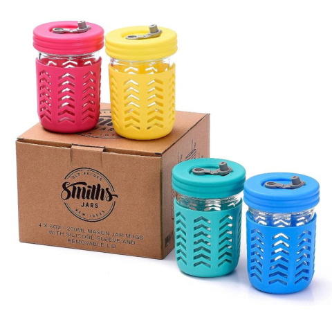 Smiths Mason Jars Zestaw 4 mini słoików odpornych na rozlanie 235 ml silikonowe rękawy i słomki wielokrotnego użytku