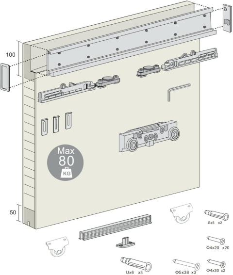 BINARIO MAGICAL Niewidoczne drzwi przesuwne system prowadnic 80-120cm