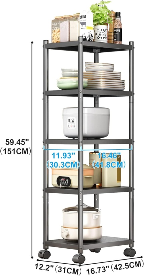 SAYZH Regał 5-poziomowy, stojący metalowy, wielofunkcyjny, wąski wózek