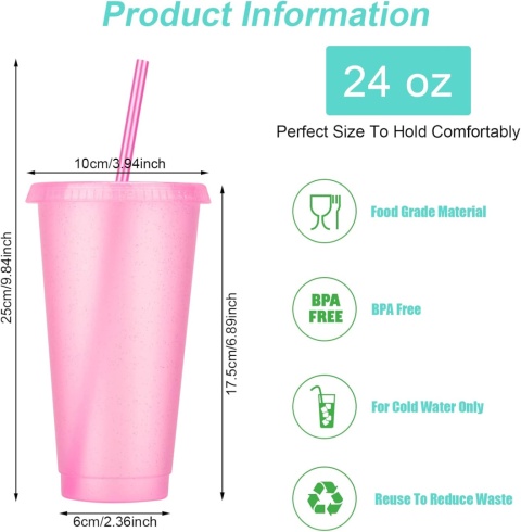 AXNSATRE 10-pak plastikowych kubków z brokatem pokrywką i słomka 700ml