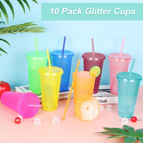 AXNSATRE 10-pak plastikowych kubków z brokatem pokrywką i słomka 700ml