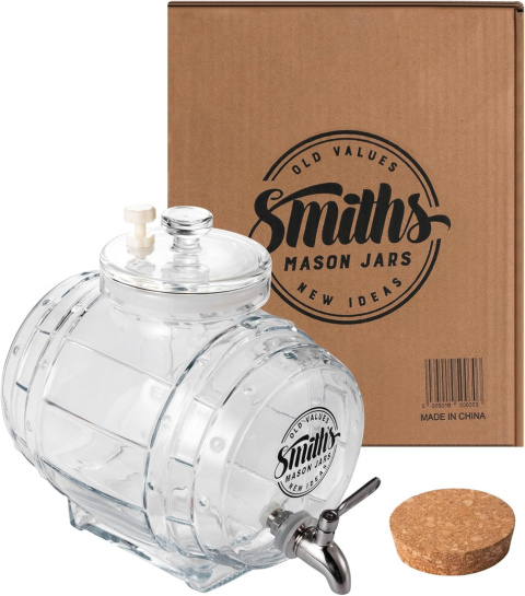 Dozownik wody do lodówki Smiths Mason Jars 5L ze stalowym kranem i szklaną pokrywką