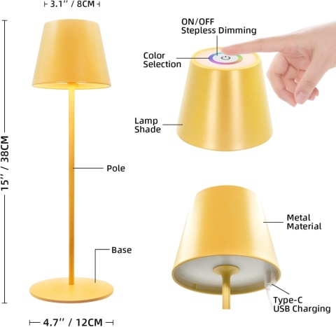 Lampa stołowa LED zasilana bateriami, ściemnialna lampa stołowa, zlota