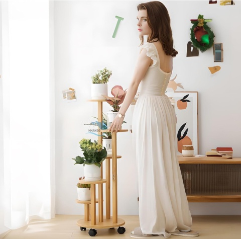 Bambusowy stojak na rośliny wewnętrzne, z kółkami, 5 poziomów kwietnik